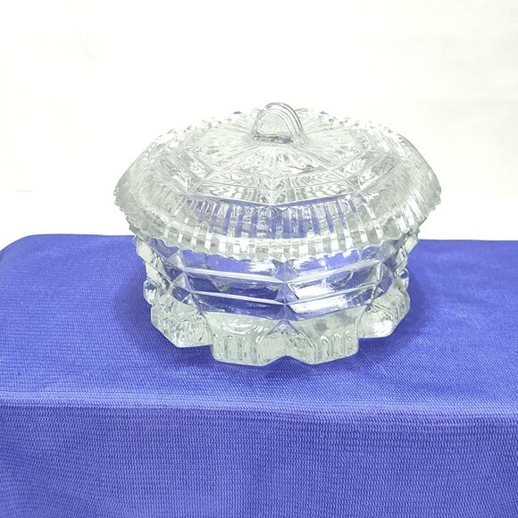 L.E. Smith Trinket Powder Box Pressed Glass Octagonal Design Clear Glass Vintage - Picture 11 of 13